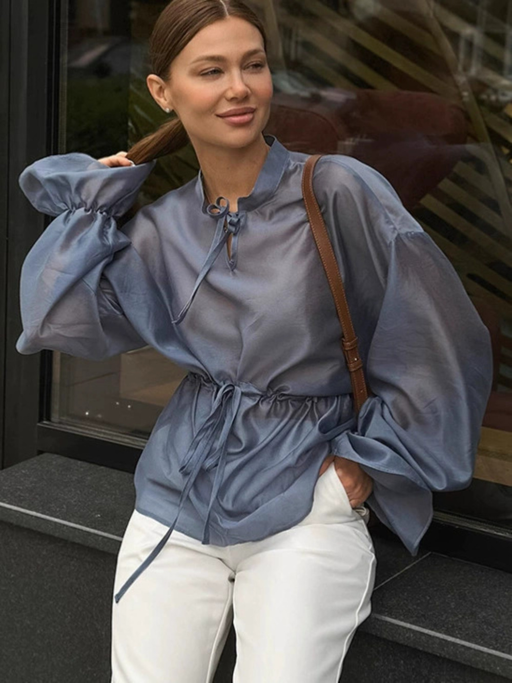 Forever 21 Tencel Blouse Drawstring Waist Flare Sleeves
